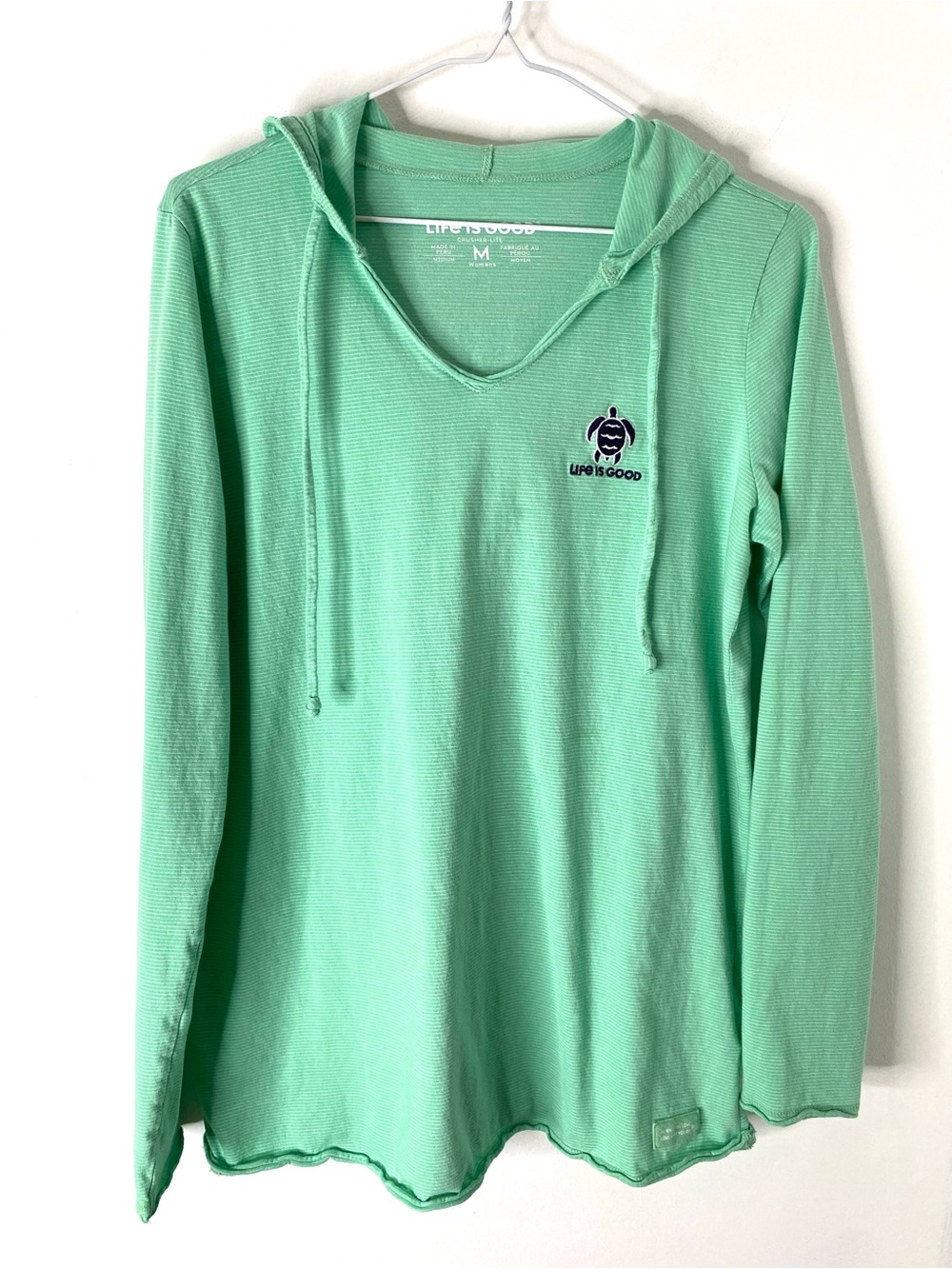 Life Is Good Crusher-Lite Aqua Green Stripe Hooded Top Turtle Embroidered